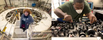 Separate photos of Jessica Esquivel standing in front of the Muon g-2 experiment and Charles D Brown leaning over an optical bench