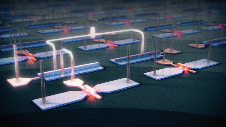 An artist’s impression of transistor-based qubits and control electronics.