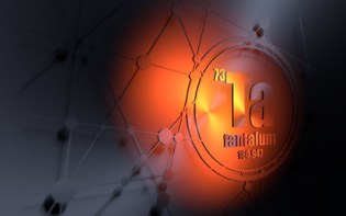 Artwork showing the chemical symbol for tantalum (Ta), its atomic number (73) and atomic mass (180.947) glowing orange on a grey background